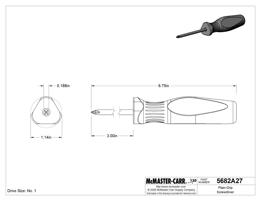 Technical Drawing of Plain-Grip Screwdriver, Number 1 Phillips Drive, 6-3/4" Overall Length.